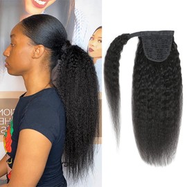 Adette 16 Inch Kinky Straight Ponytail Human Hair Brazilian Hair Magic Paste Ponytail with Comb Clip in Yaki Pony Tails for Black Women Natural Black Wrap Around Ponytail Hair Extensions