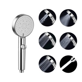 GEFIRE High Pressure Hand Shower with 5 Functions and On/Off Pause Switch, Water-Saving Shower Head, Anti-Clogging Nozzle, Shower Head, Hand Shower, Easy to Use, Universal Shower Head (Silver)