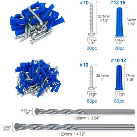 KURUI Wall Anchors and Screws Assortment Kit With Concrete Drill Bit, Conical Wall Anchors for Concrete Drywall, 200PCs Masonry Anchors for Outdoor Hanging, 100 Brick Anchors and 100 Galvanized Screws