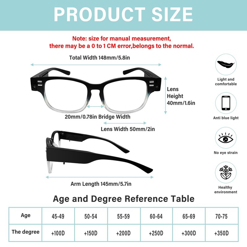 DuanMei Reading Glasses with Lights, Blue Light Blocking, Magnifying, 2.0