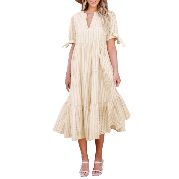 Theenkoln Womens Casual Midi Dress: Short Sleeve V-Neck Empire Waist