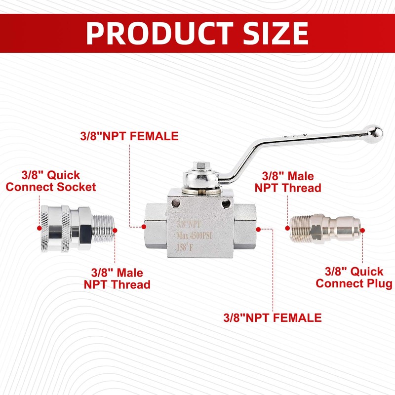 Toolly High Pressure Washer Ball Valve Kit, 3/8 Inch Quick