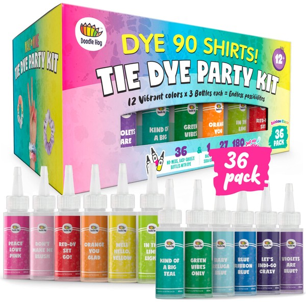 Tie Dye Party Kit for Kids & Adults - 36 Large Tye Dye Bottles with 12 Colors & Tie Dye Powder, Soda Ash, Gloves - Tie Dye Kit for Large Groups - Non-Toxic Tyedyedye Kit - Dye for Clothes