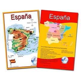 Spanish Language School Poster Set - 2 Maps of Spain: Simplified Map and Map with The 17 Autonomous Communities - Wall Charts for Home and Classroom - Spanish and English Text (11x17 inches)