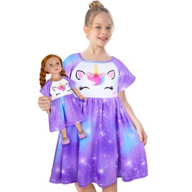 Play Tailor Doll and Girl Matching Nightgown Unicorn Outfit Pajamas Night Dress for Girls and 18" Dolls Clothes (Doll Not Included), 4-5T, Colorful Lavender