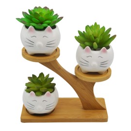 3 PCS Set Cute Animal Cat Shaped Ceramic Succulent Cactus Flower Pots with 3 Tier Bamboo Treetop Stand for Home Garden Office Desktop Decoration (Plant Not Included)
