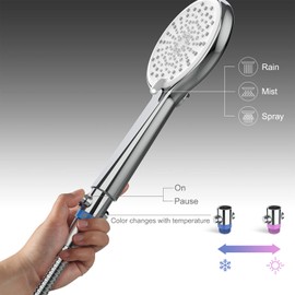 HONBOO Shower Head with Water Stop, Large Shower Head with Shower Head Shut-off Valve, Hand Shower with High Pressure Nozzle, Universal Shower Head, Water-Saving with 4 Jet Types, Chrome