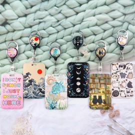 Juanooo Moon & Flowers Lanyard with Card Holder Retractable Reel Clip Cute Key Lanyard for Women Girls Staff Nurses for ID Badge Cool Teachers Students School Keychain for ID Holder