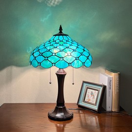 Capulina Tiffany Table Lamp 2-Light Seagrass Blue Beads Style Stained Glass Reading Desk Lamp 16x16x24 Inches Decor for Home Office Bedroom Living Room