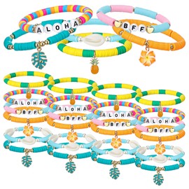 Landical 24 Pcs Aloha Hawaiian Friendship Bracelets, Bohemia Plumeria Rubra Tropical Flower Heishi Surfer Beaded Stretch Summer Bracelets for Aloha Tropical Birthday Summer Beach Pool Party Favors