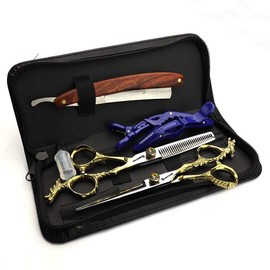 Barber Scissors 6' Professional Hair Scissors and Thinning Scissors + Razor + Scissors Bag Set