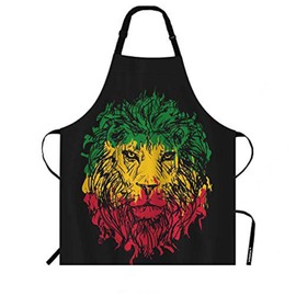 WONDERTIFY Rasta Lion Apron,Rasta Theme with Lion Head On Black Background Green Yellow Red Bib Apron with Adjustable Neck for Men Women,Suitable for Home Kitchen Cooking Waitress Chef Grill Apron