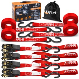 KODIAK STRAPS Ratchet Straps Heavy Duty Tie Down Strap Set 2200 Break Strength – 1" x 17' 4pk with Soft Loops Cargo Truck Bed Tie Downs – Coated Deep S-Hook & Carry Bag for Securing Cargo Red