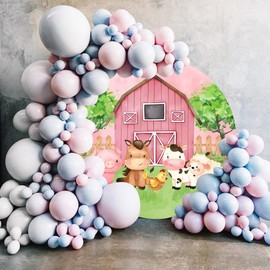 Laeacco 7.2x7.2ft Farm Animals Theme Round Backdrop Pink Barn Door Farmhouse Cartoon Pig Cow Chicken Photography Background for Girls Children Baby Shower Birthday Party Decor Portrait Booth Props