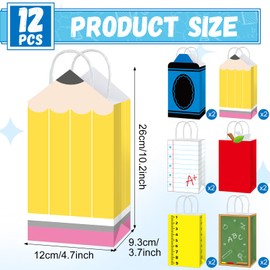 12Pcs Back to School Gift Bags First Day of School Paper Treat Bags with Handle Pencil Crayon Apple Notebook Candy Goodie Bag for Student Teacher Appreciation Gifts Classroom Party Favors Supplies