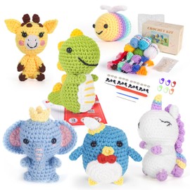 Soobeeke Crochet Kit for Beginners Kids & Adults – 6 Animal Crochet Kits for Adults, Knitting Kit w/Yarn, Hook – Includes Dinosaur, Unicorn & More – Step-by-Step Video – Gift for Teens, Women