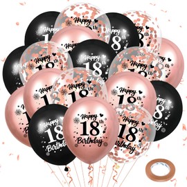 18th Birthday Balloons 18Pcs Rose Gold and Black 18th Balloons 18th Birthday Party Decorations for Girls 12 Inch Confetti Latex Vintage Sweet 18th Balloons for 18th Birthday Anniversary Party Supplies