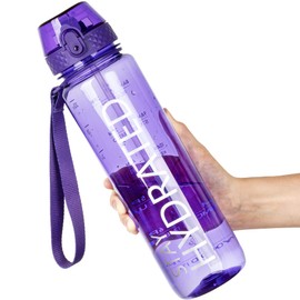 OLDLEY 1L Sports Water Bottle with Straw, Tritan 1 Litre Motivational Drink Bottle, BPA Free Leakproof Transparent Water Bottle with Time Marker for Cycling, School, Gym, Outdoor (Deep Purple)