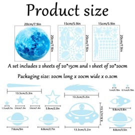 Blue Glow in The Dark Stars, Planets, Moon, Rocket Wall Stickers - 3D Luminous Ceiling & Wall Decals for Kids' Bedroom, Nursery & Living Room - Solar System, Astronaut & Alien Decor.