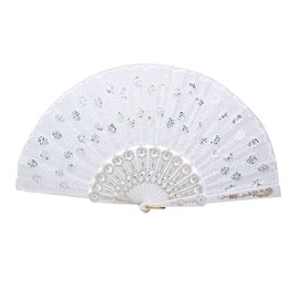 Accessotech Spanish Lace Silk Folding Hand Held Dance Fan Flower Pattern for Party Wedding (White)