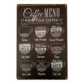 JIMOWANG Coffee Menu Know Your Coffee Vintage Metal Signs for Cafes Bars Pubs Shop Wall Decorative Funny Retro Signs 8 x 12 Inches