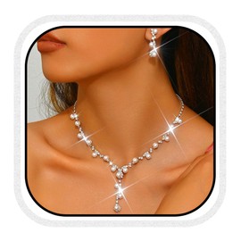 Unicra Rhinestone Jewellery Set Wedding Necklace Earrings Sets Silver Flower Pearl Evening Necklaces for Women and Bridesmaid, Gemstone silver