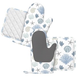 OWAGONGJE Nautical Beach Oven Mitts and Pot Holders Set, 4pcs Silicone Coastal Coral Starfish Oven Glove for Kitchen Heat Resistant Ocean Oven Mitts and Non-Slip Potholders Blue Grey White