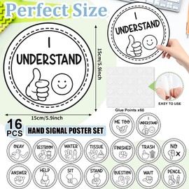 16 Pcs Sign Language Posters for Classroom, Teacher Students Visual Cues Cutout, Hand Signals for Classroom Bulletin Board Decor (Black)