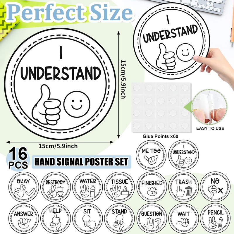 16 Pcs Sign Language Posters for Classroom, Teacher Students Visual