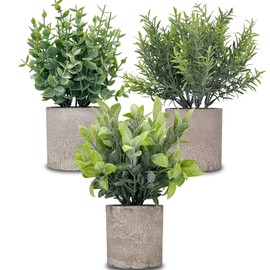 Paquete de 3 plantas artificiales falsas en maceta de eucalipto de 9 pulgadas, mini plantas artificiales de pulpa de papel para estantes, computadora 