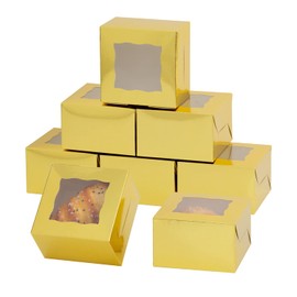 Bekoetoz 100Pcs Paper Cookie Boxes With Window - 4x4x2.5 Inch Mini Cake & Treat Boxes (Gold)