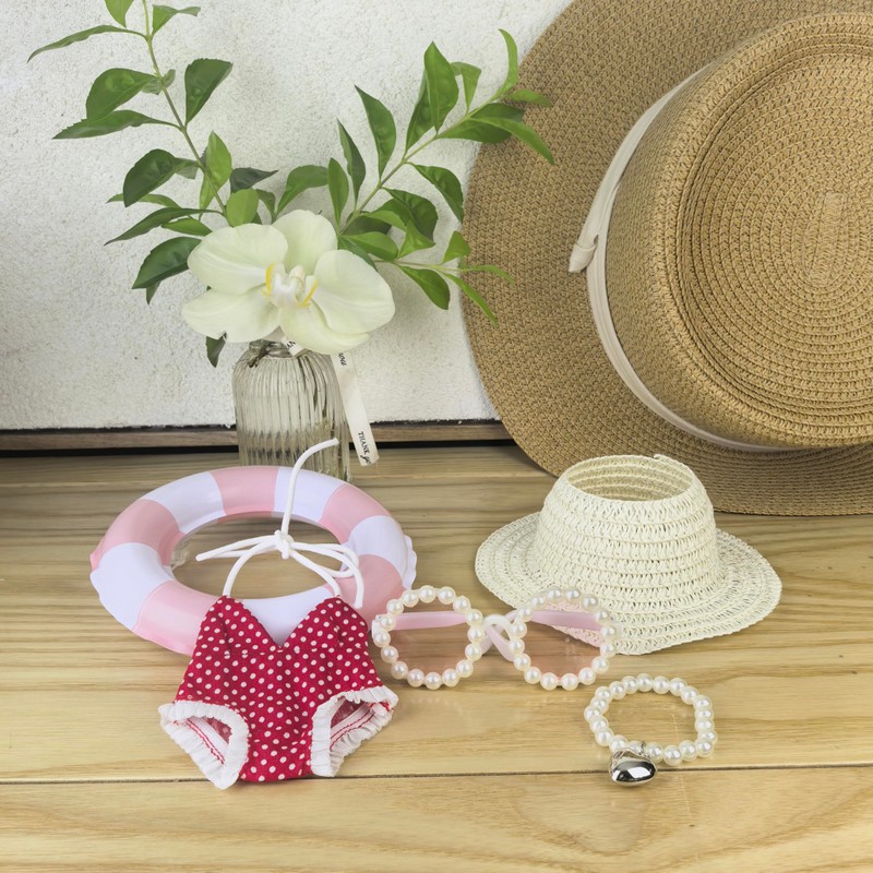 Tikapo Doll Clothes Swimsuit Set | 5-Piece: Straw Hat, Pearl