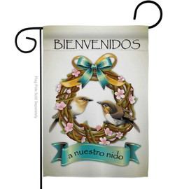 Breeze Decor Bienvenidos a Nuestro Nido Garden Flag Friends Birds Flamingo Hummingbird Cardinal Peacock Springtime Natural Wildlife House Decoration Banner Small Yard Gift Double-Sided, Made in USA