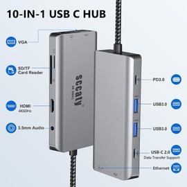 USB C Hub 10 in1 with 4K@60Hz HDMI, 1000Mbps Ethernet Port, 100W PD Charging, VGA, 3.5mm Audio Port, SD & TF 3.0 Card Reader, Docking Station for Laptop and Type C Device.