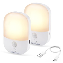 Hiwrolat Night Light with Auto Motion Sensor, Rechargeable Battery, Type-C LED Stick-On Closet Light with Twilight Sensor, Adjustable Brightness, Warm White for Wall, Hallway, Stairs, Cabinet (2 Pack)