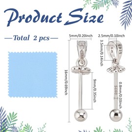 CRAFTYMELODY 2Pcs 925 Sterling Silver Cup Pearl Peg Nails Rhinestone Pendant Bails 16x5mm Eye Pin Bail Cup with 1Pc Polishing Cloth Pendants Connector for Half-drilled Beads Charms DIY Jewelry Making