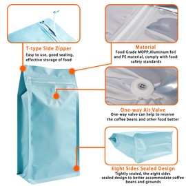 Coffee Bags with Valve (50 PCS,16oz/1lb) Blue High Barrier Aluminum Foil Flat Bottom Standing Coffee Beans Storage Packaging Bags, Reusable Heat Seal Side Zipper Pouches for Small Business and Home