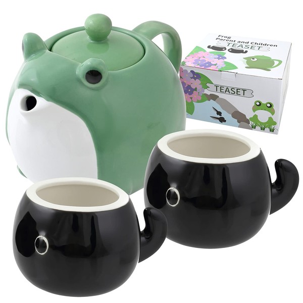 HAKONE YOSEGI Frog Teapot & Teacup Cute Tableware Japanese tea set, Tea Service Set Ceramic Tea Pot (30 oz), 2-Piece Tea Cups (5 oz) filter and gift box included (tea pot ＆ 2 tea cup)