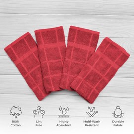Mellow Buff 100% Cotton Terry Dish Cloth & Dish Towel (RED, Dish Towel - 4 Pack(Solid))