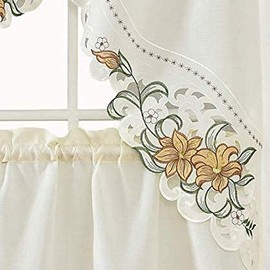 GOHD Lily Fragrance. 3pcs Multi-Color Embroidery Curtain/Cafe Curtain/Swag & Tiers Set with cutworks. (Gold)
