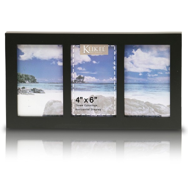 Klikel Photo Collage Frame - Black Wooden Wall Frame - 3 Openings – 4x6 Pictures - Decorative Family Picture Frame