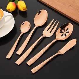 JASHII - Juego de 5 piezas de cubiertos martillados de oro rosa, tenedor de acero inoxidable, cuchillo de mantequilla ranurado, juego de cucharadita para bufet, fiesta, espejo pulido, apto para