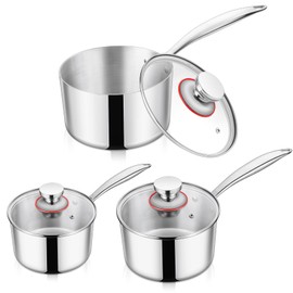 TeamFar Sauce Pan Set, 1+2+3 QT Stainless Steel Tri-ply Saucepan Small Cooking Pot with Lid, for Induction, Gas, Electric, Ceramic, Healthy & Heavy Duty, Ergonomic Handle & Dishwasher Safe