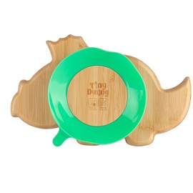 Tiny Dining Baby Plate with Suction Cup - Dinosaur - Green - Divided Non-Slip Bamboo Self-Feeding Baby Weaning Plate for Babies, Toddlers, Children