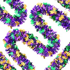 50 Feet Mardi Gras Decorations Glitter Tinsel Garland Purple Green Gold Metallic Streamers Sparkling Glittering Hanging Decoration for Mardi Gras Indoor Outdoor Home Party Decor