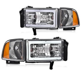 CROSSDESIGN LED Light Strip Corner Headlight Clear Lens Chrome Housing Amber Reflector Compatible with Dodge Ram 1500 1994-2001/Dodge Ram 2500 3500 1994-2002 w/o Bulb（Not Fit Sport & Ram Van Models）