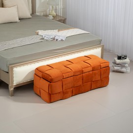 ZJMTOCYU Upholstered Velvet Storage Ottoman for Comfort and Organization, Modern Entryway Bench, Living Room and Bedroom, Orange