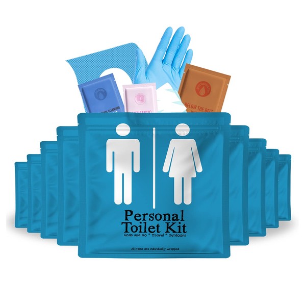 Personal Toilet Kit To Go – 10 Pack | Disposable Public Restroom Kit | Individually Wrapped for Toilet Protection Kit | Toilet Paper, Toilet Seat Cover, Butt Wipes, Cleansing Wipes (Light Blue)