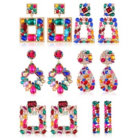 Kigeli 6 Pairs Rhinestone Rectangle Statement Earrings for Women Crystal Geometric Drop Dangle Earrings Colorful Square Teardrop Diamond Bejeweled Earrings for Prom Party Jewelry Gifts Collection