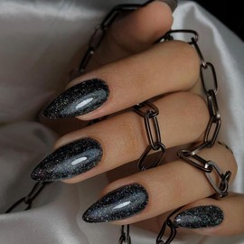 KQueenest Black Glitter Press on Nails Medium Almond Shape,Iridescent Shimmer Acrylic Fake Nails Sparkling Gel Nails Press ons,Glossy Flash Glue on Nails Medium False Nails 24 Pcs